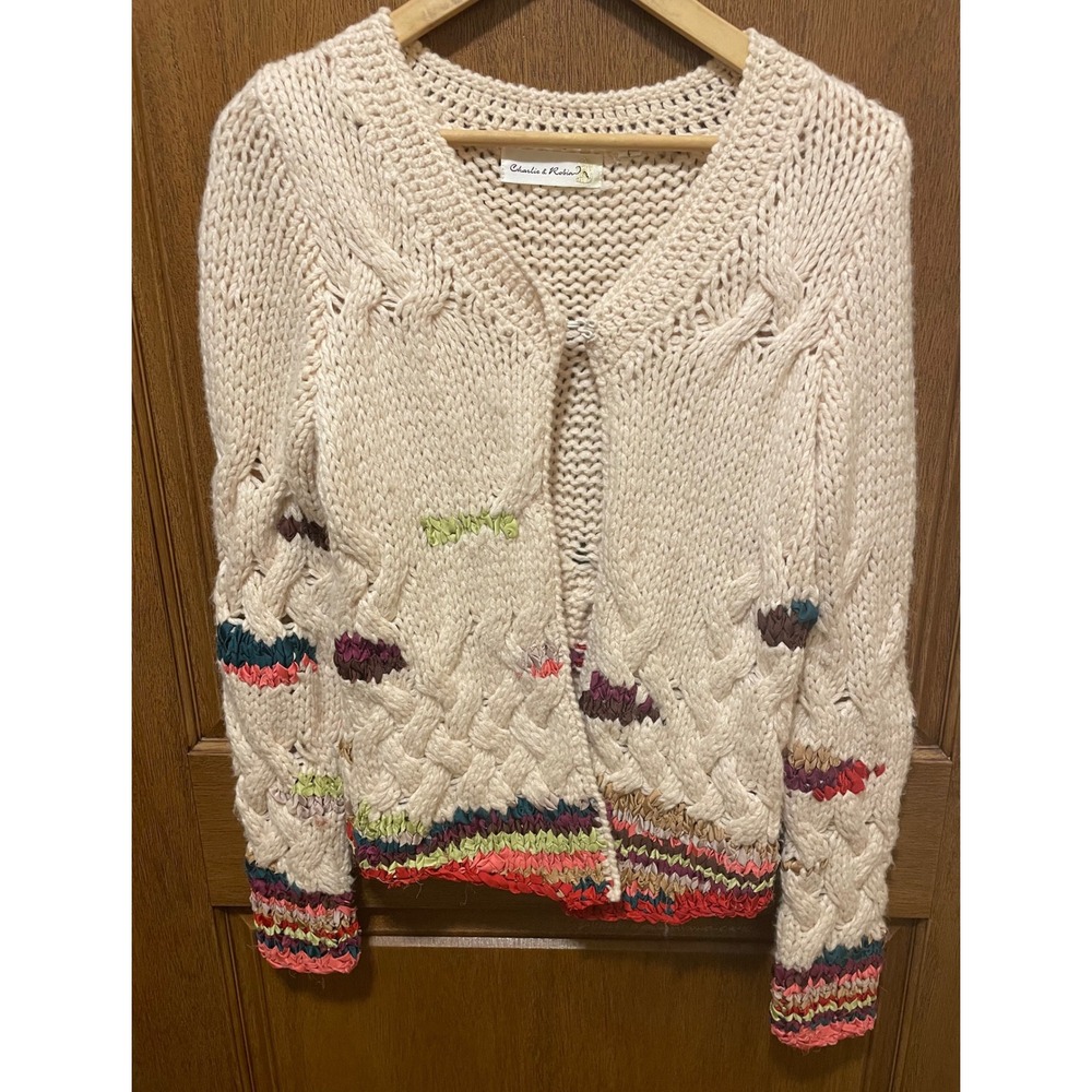 Anthropologie Charlie & Robin Cable Knit Cardigan Ribbon Accents Wool Alpaca
